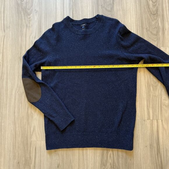 J Crew Navy Flecked Sweater LT Large Tall 80% Lambswool 20% Nylon Elbow Patches - Picture 3 of 9